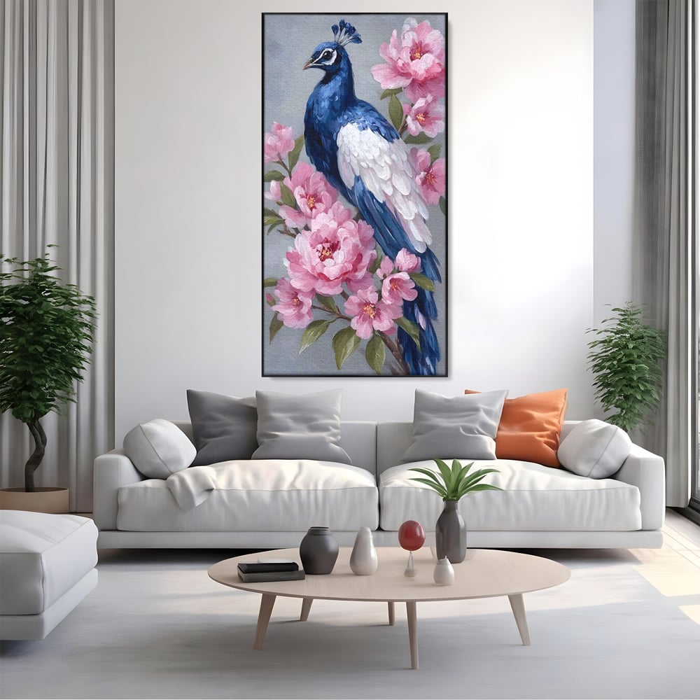 Tablou canvas cu tablou canvas cu paun si bujori roz, in rama de aluminiu negru, pe perete intr-un living